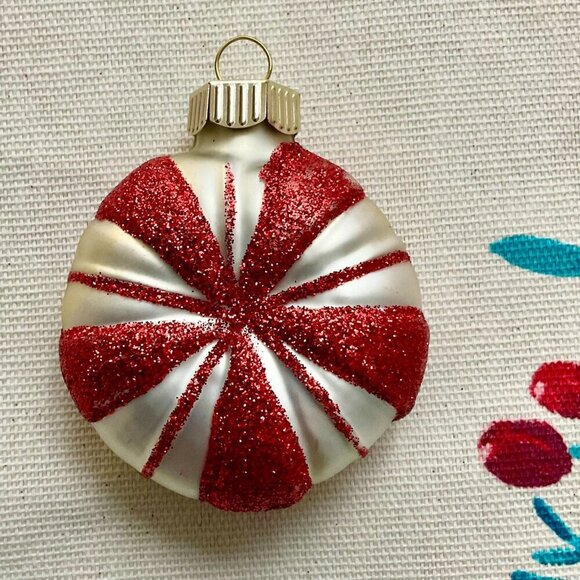 Celebrations by Radko Y2K Christmas Ornament Glass Peppermint Candy Red Glitter - Picture 2 of 4